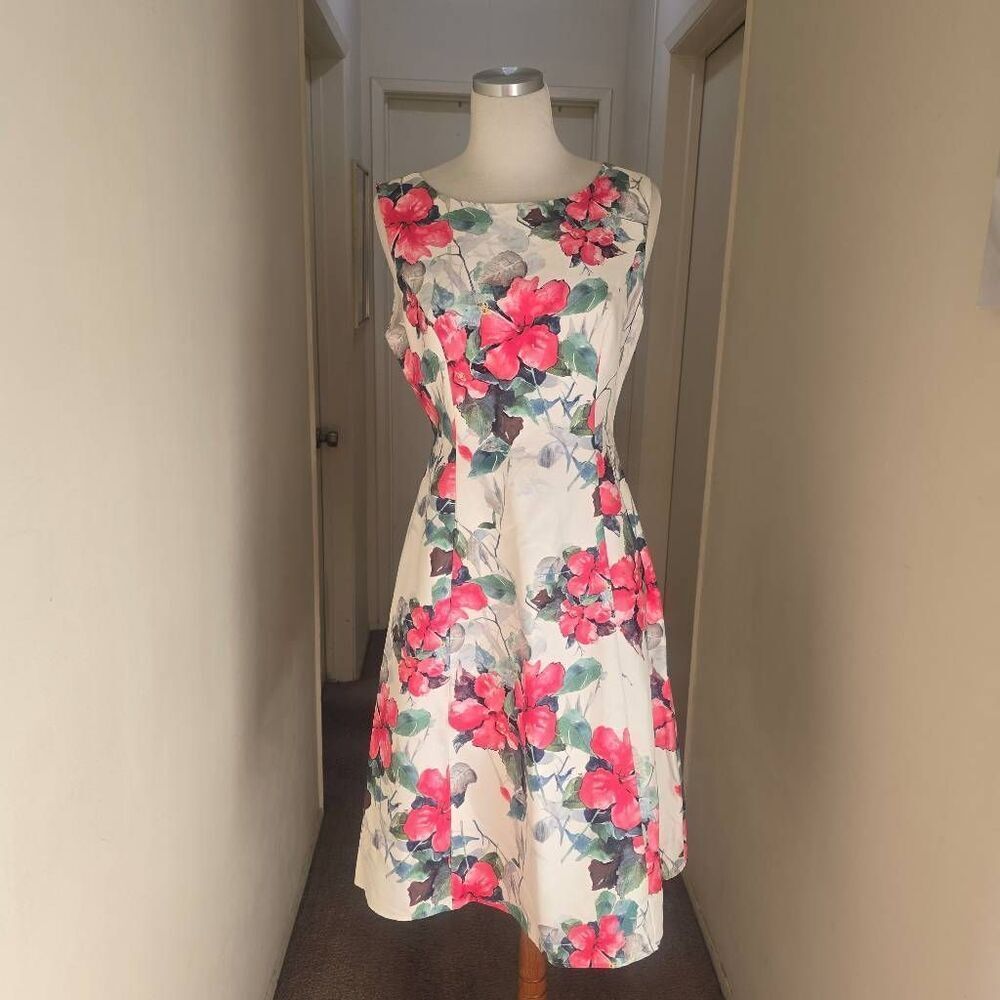 Phase Eight White/Pink Edie Floral Print Dress, Slvls., Fit/Flare,V Back, NWT,12